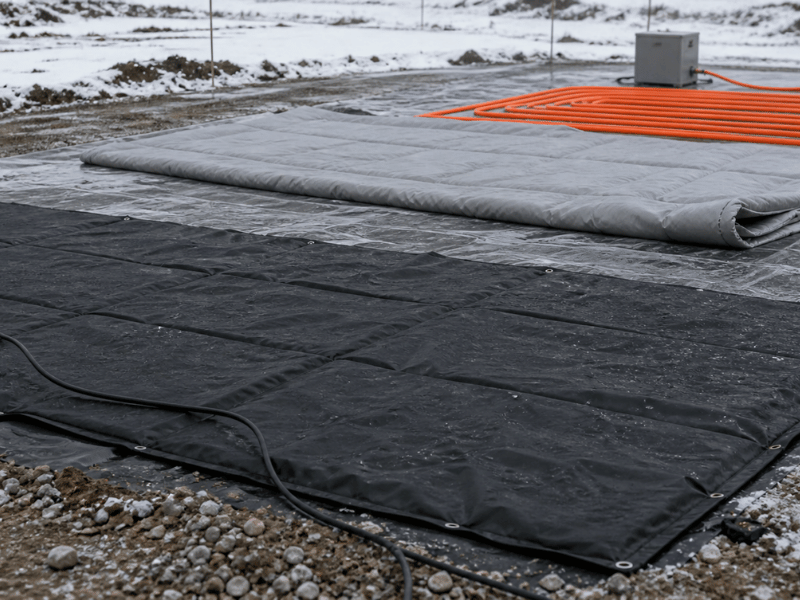 Scattered work area excavation showing isolated ground thawing blanket application