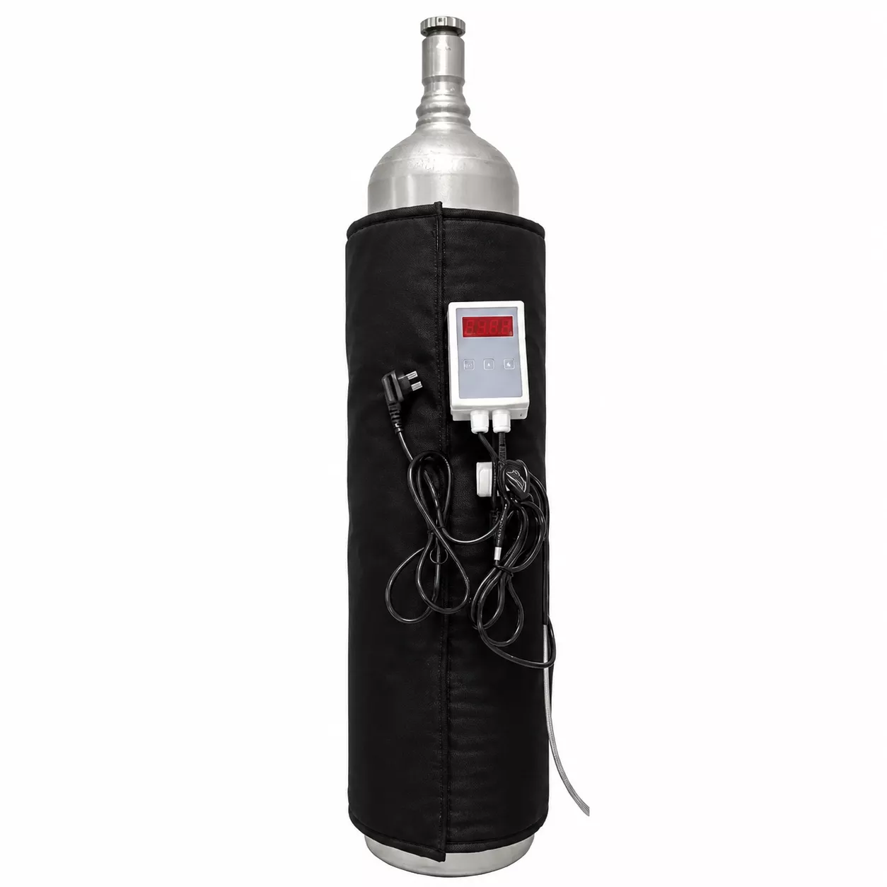 Flex gas cylinder heater jacket product view showing the black flexible cover and controller