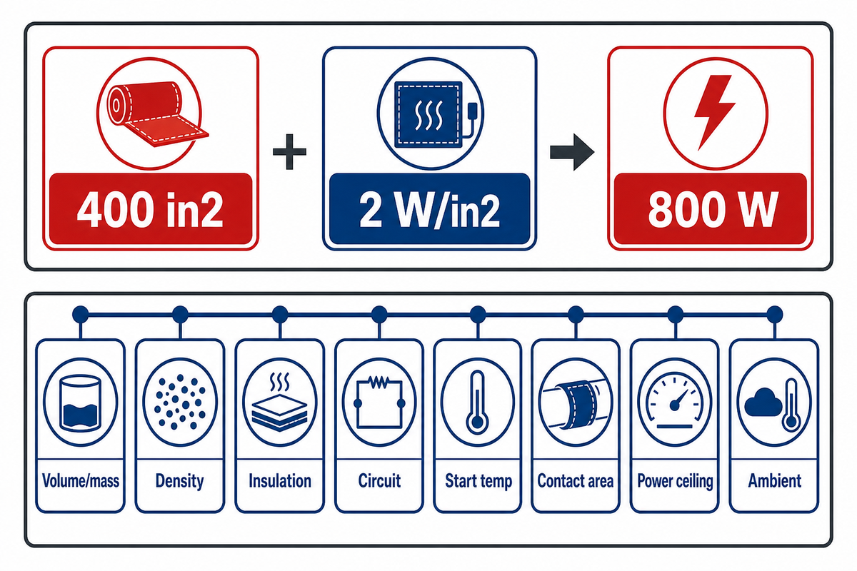 Watt Density and Warm-Up Estimates Need a Worked Example — Heating Blanket Sizing Guide