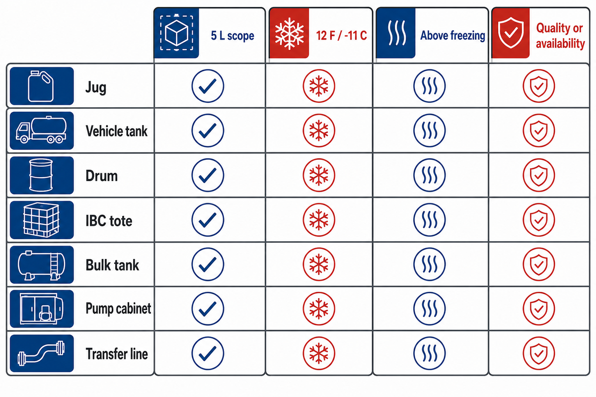 7-Asset DEF Temperature Boundary Decision Table for Drums, IBC Totes and Bulk Tanks — flexblanket.com