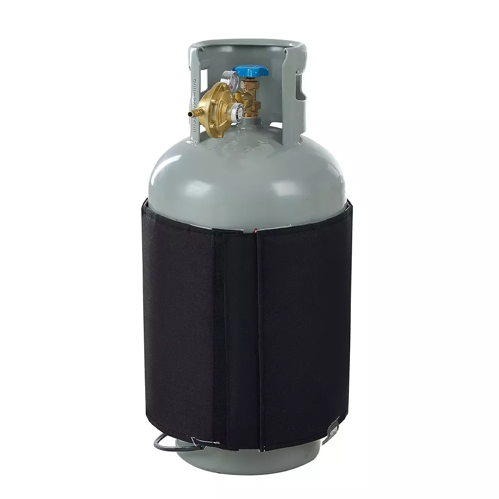 Client-supplied Flex propane tank warming blanket wrapped around a cylinder