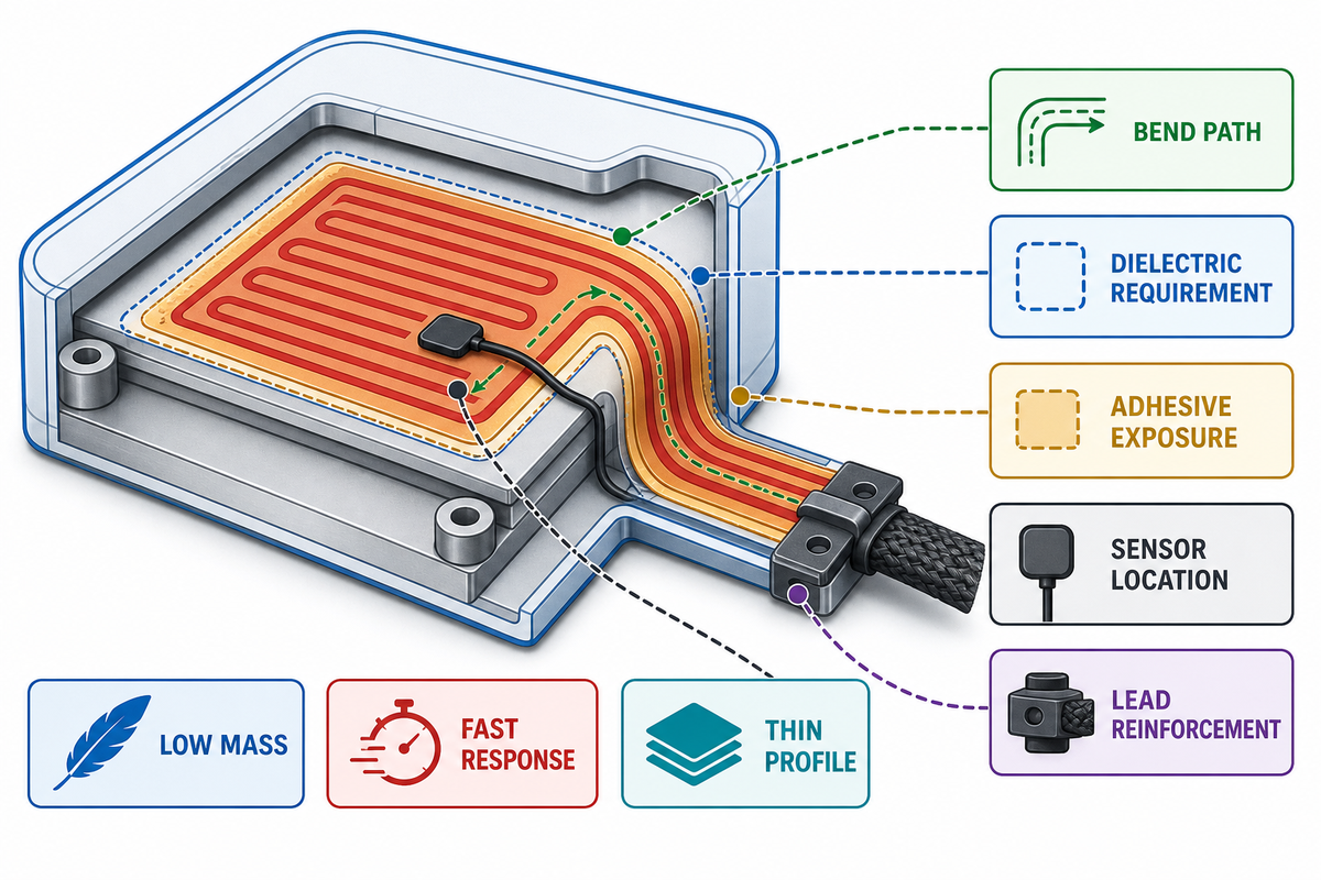 Polyimide heater fit depends on bend, adhesive, dielectric, sensor, and lead-exit limits — FDA boundary