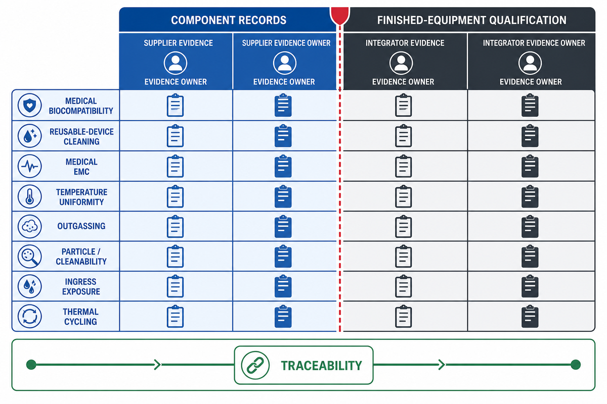 Nine risks split supplier records from integrator qualification and named owners — FDA, IEC, SEMI