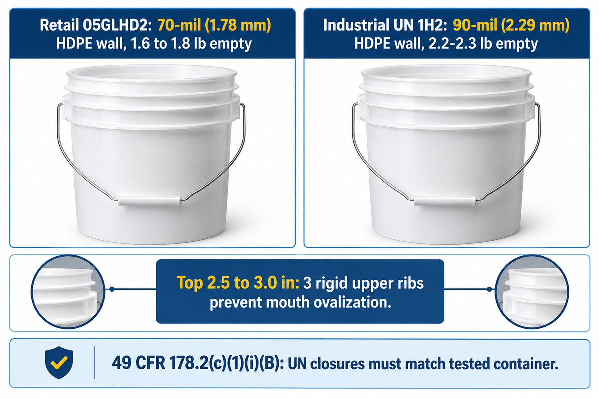 Retail 70-mil (1.78 mm, 1.6-1.8 lb) vs industrial 90-mil (2.29 mm, 2.2-2.3 lb) 5-gallon HDPE buckets (49 CFR 178.2)