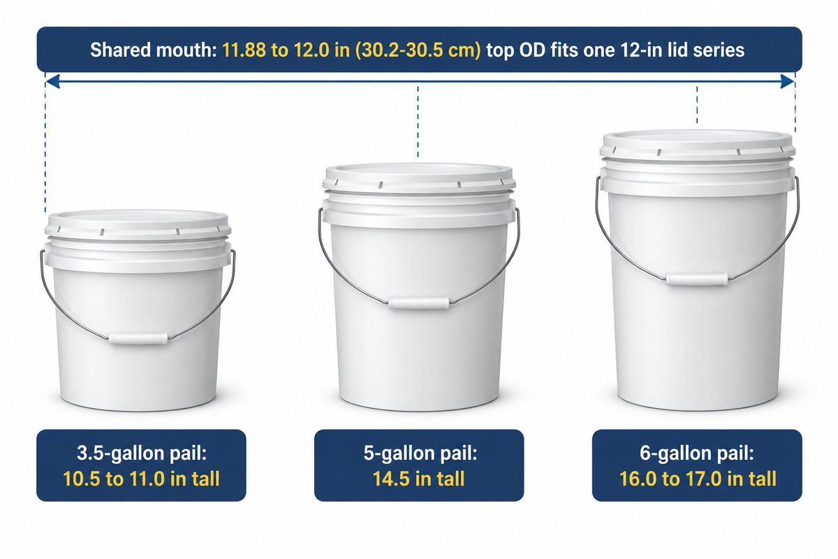 3.5-gal (10.5-11.0 in), 5-gal (14.5 in), and 6-gal (16.0-17.0 in) pails sharing an 11.88-12.0 in top OD (Novvia Group)