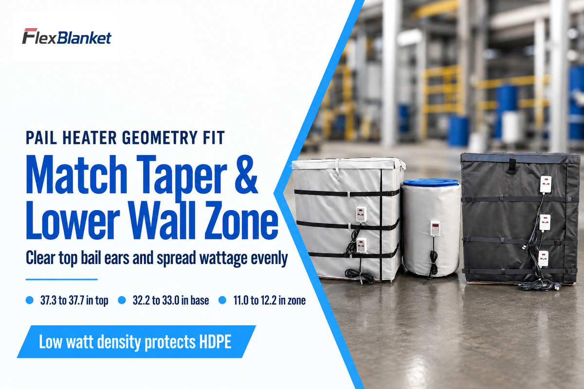 5-gallon pail heater sizing: 37.3-37.7 in top circumference, 32.2-33.0 in base, 11.0-12.2 in lower wall (FlexBlanket)