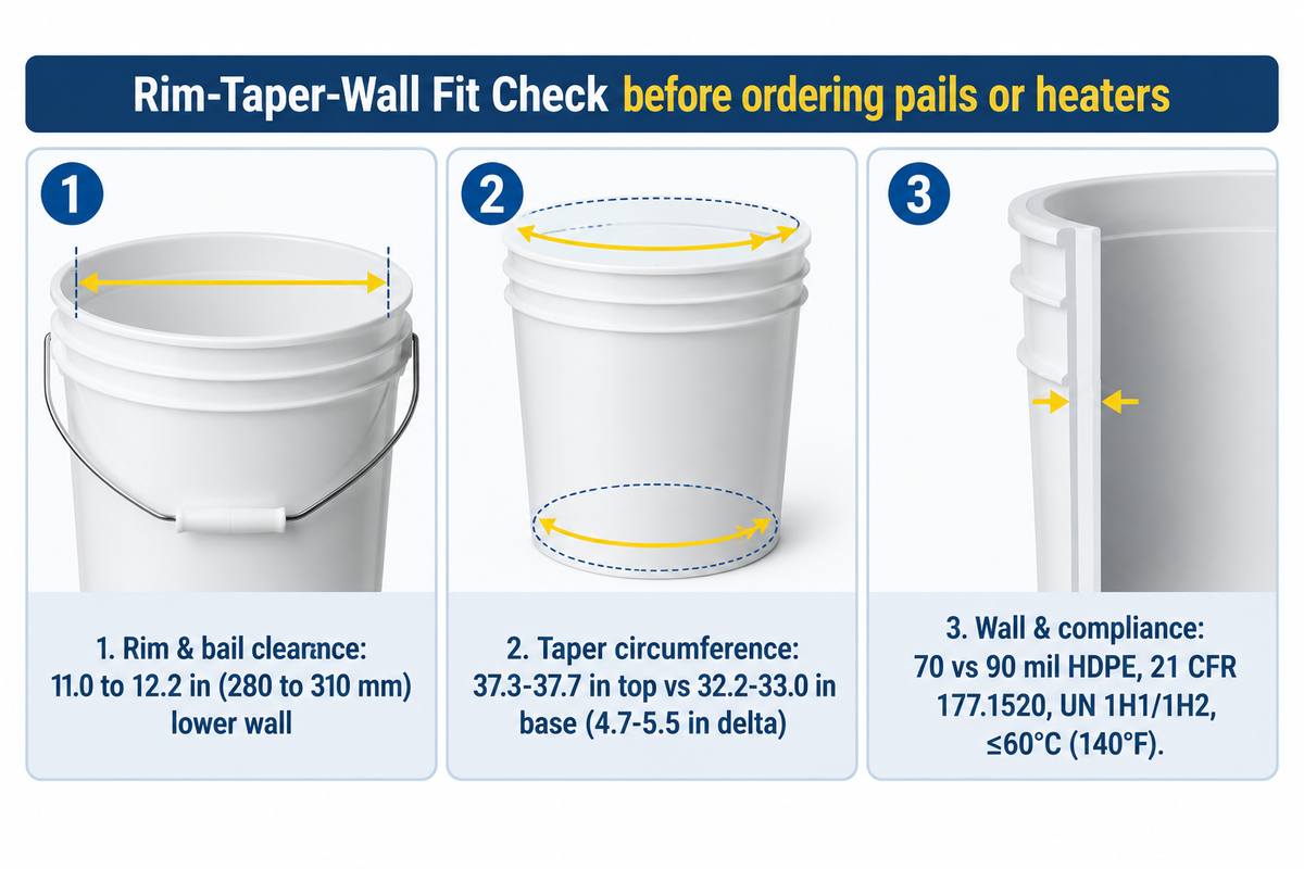 3-step Rim-Taper-Wall Fit Check: 280-310 mm lower wall, 120-140 mm taper delta, 21 CFR 177.1520 & 49 CFR 178.509