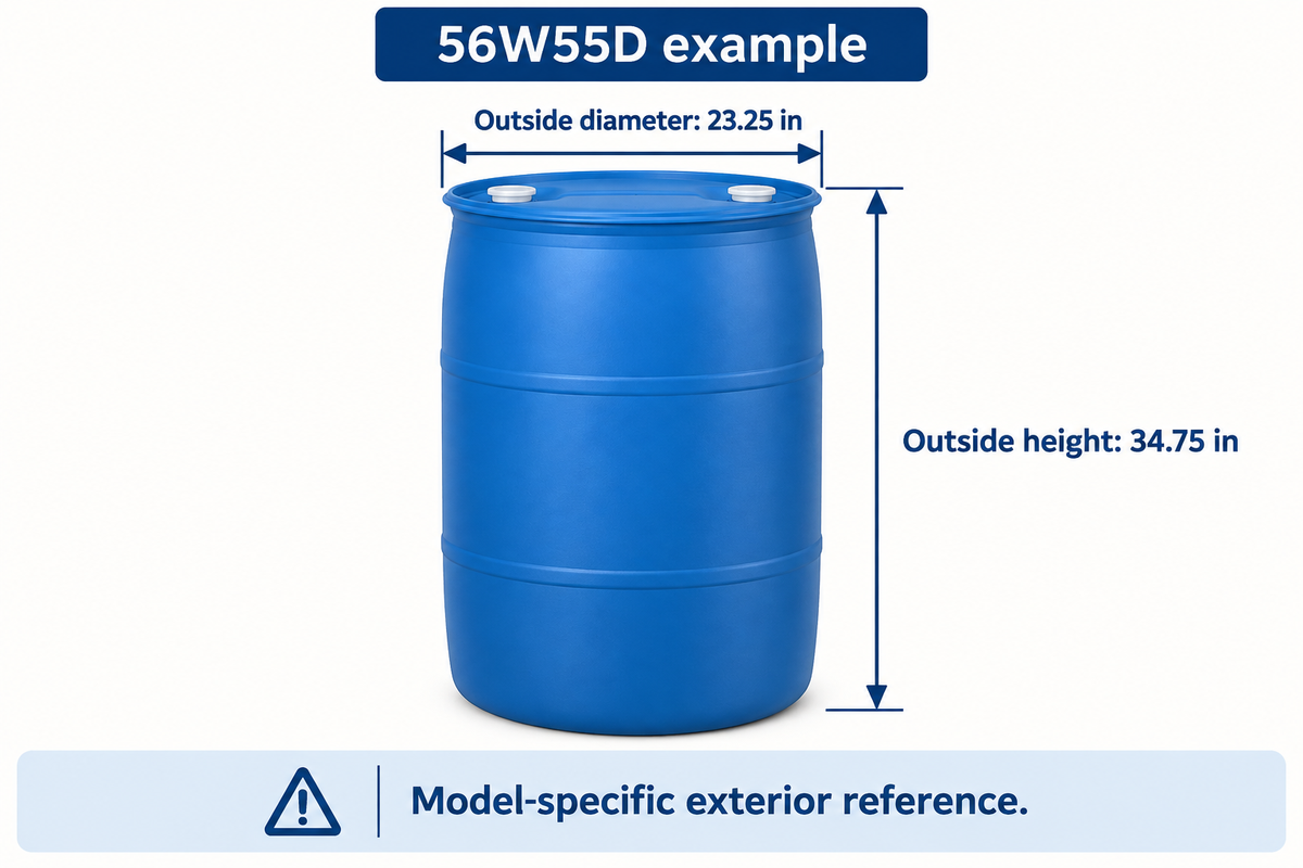 Exterior diameter and height of the 56W55D plastic drum example.