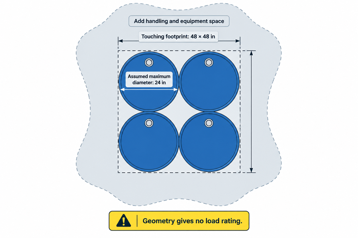 Four 24-inch drums have a touching 48-by-48-inch footprint before additional handling space.