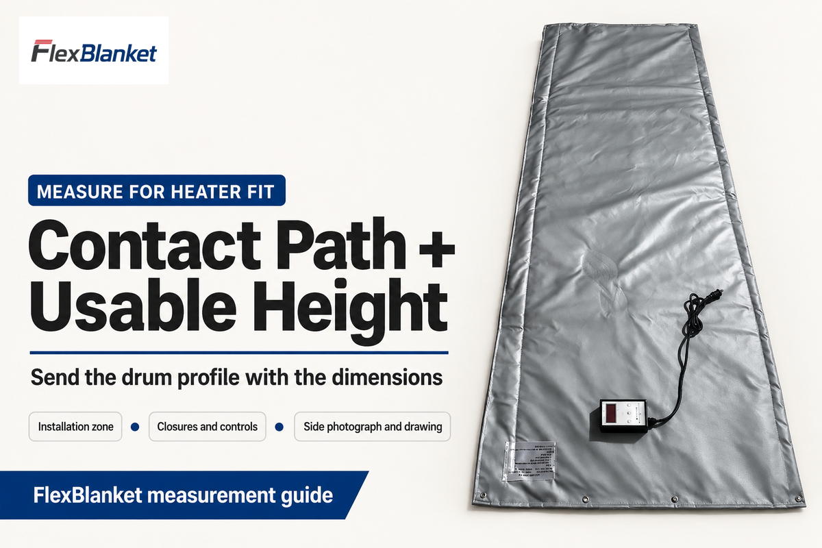 A laid-flat heating blanket illustrates why contact path and usable drum height must be measured.