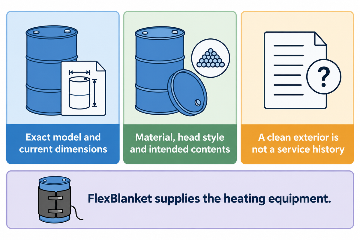 Drum purchasing checks for model, intended contents and documented service history.
