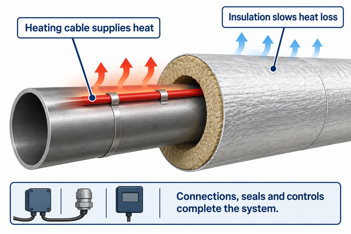 Heat cable adds energy while insulation slows its loss; conceptual system from Thermon and ASPE guidance.