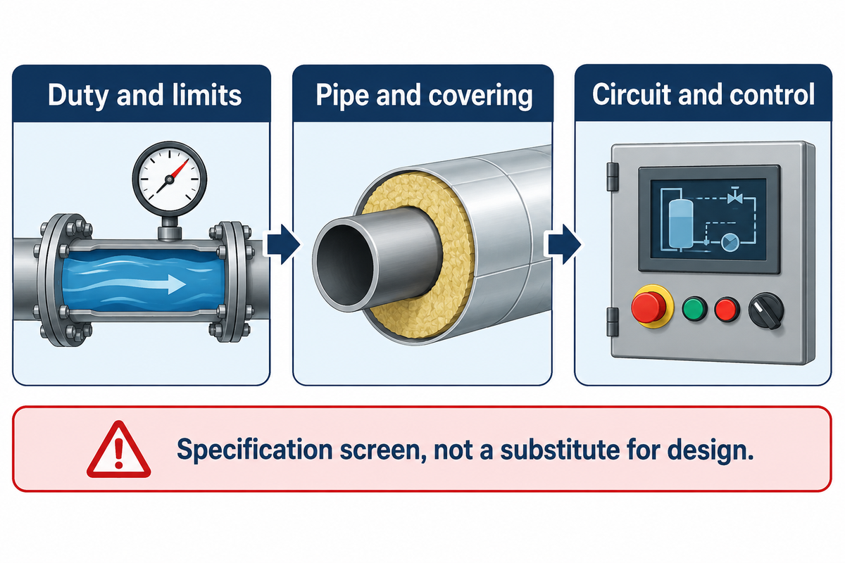 Duty, pipe covering and circuit control must each be specified; editorial three-check selection screen.