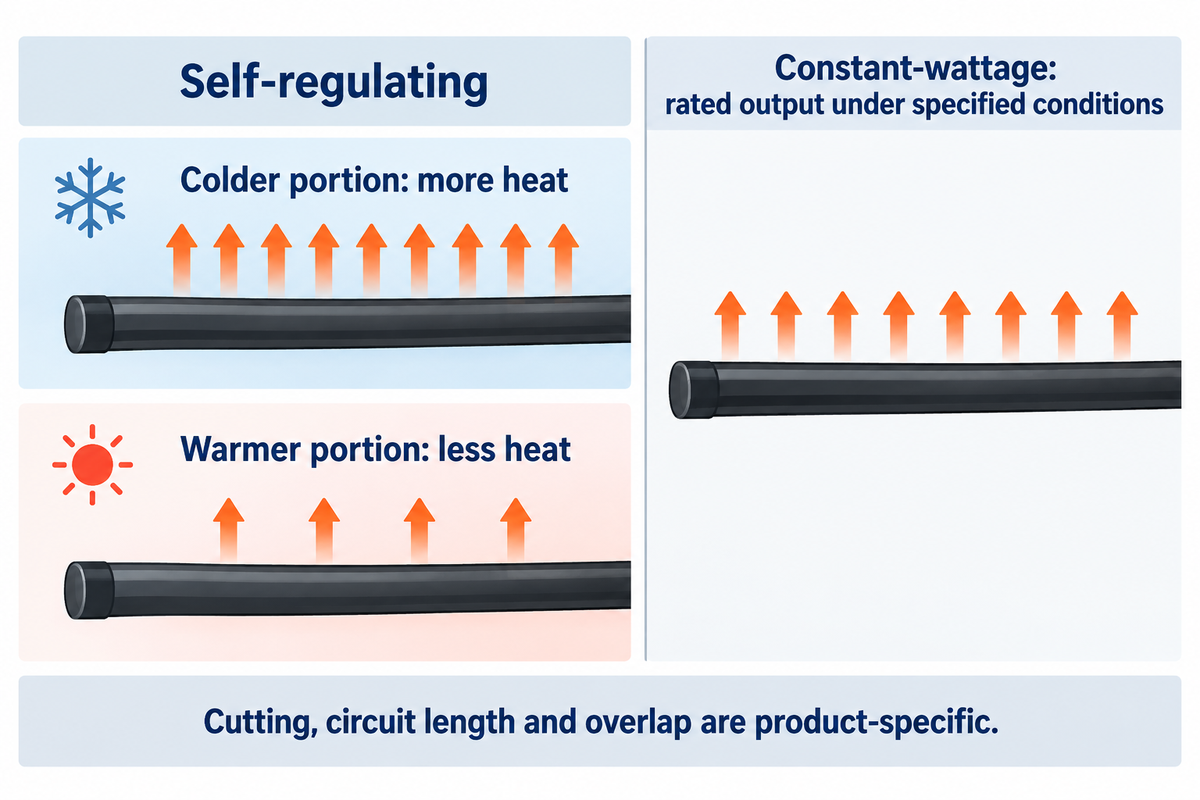 Self-regulating and constant-wattage cable behavior differ; modification rules remain product-specific.