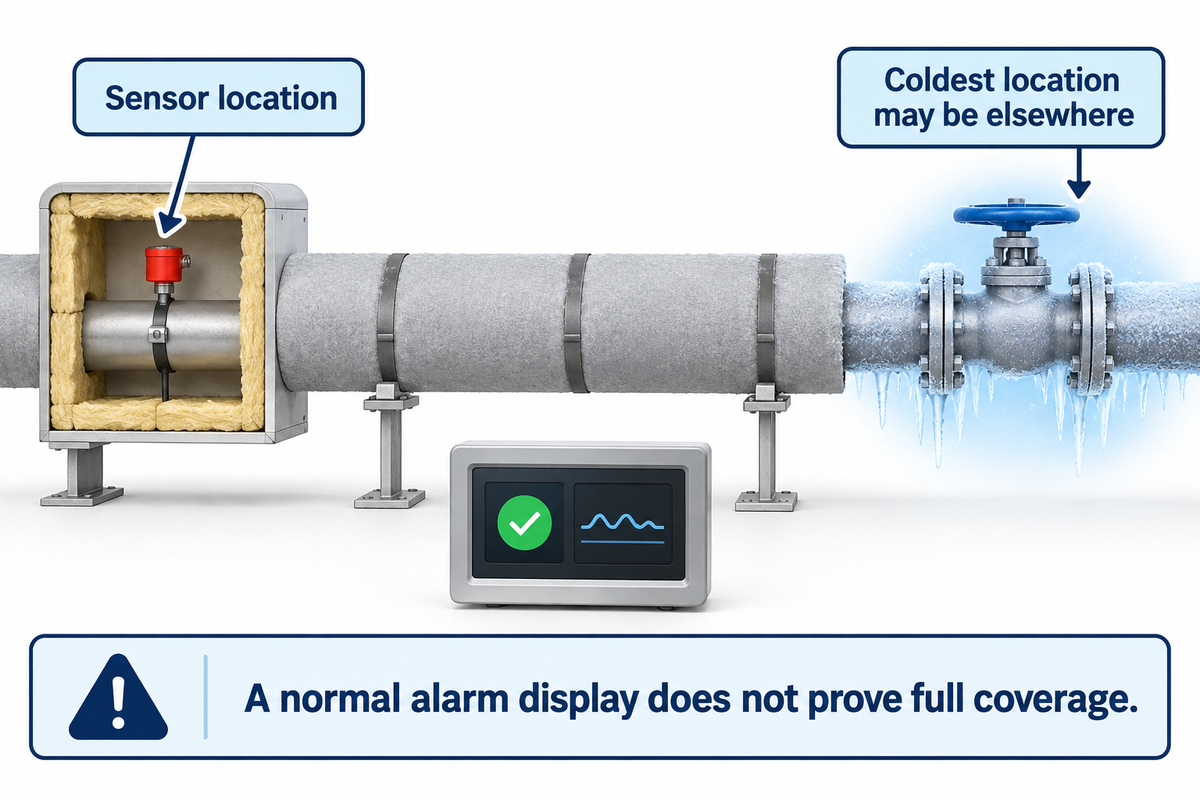 A sensor can miss the coldest pipe location; conceptual illustration of the NRC historical case.