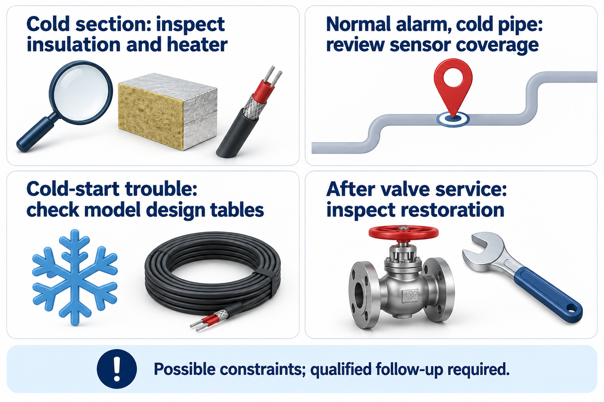 Four cold-section symptoms point to insulation, sensing, cold-start or restoration checks; qualified follow-up map.