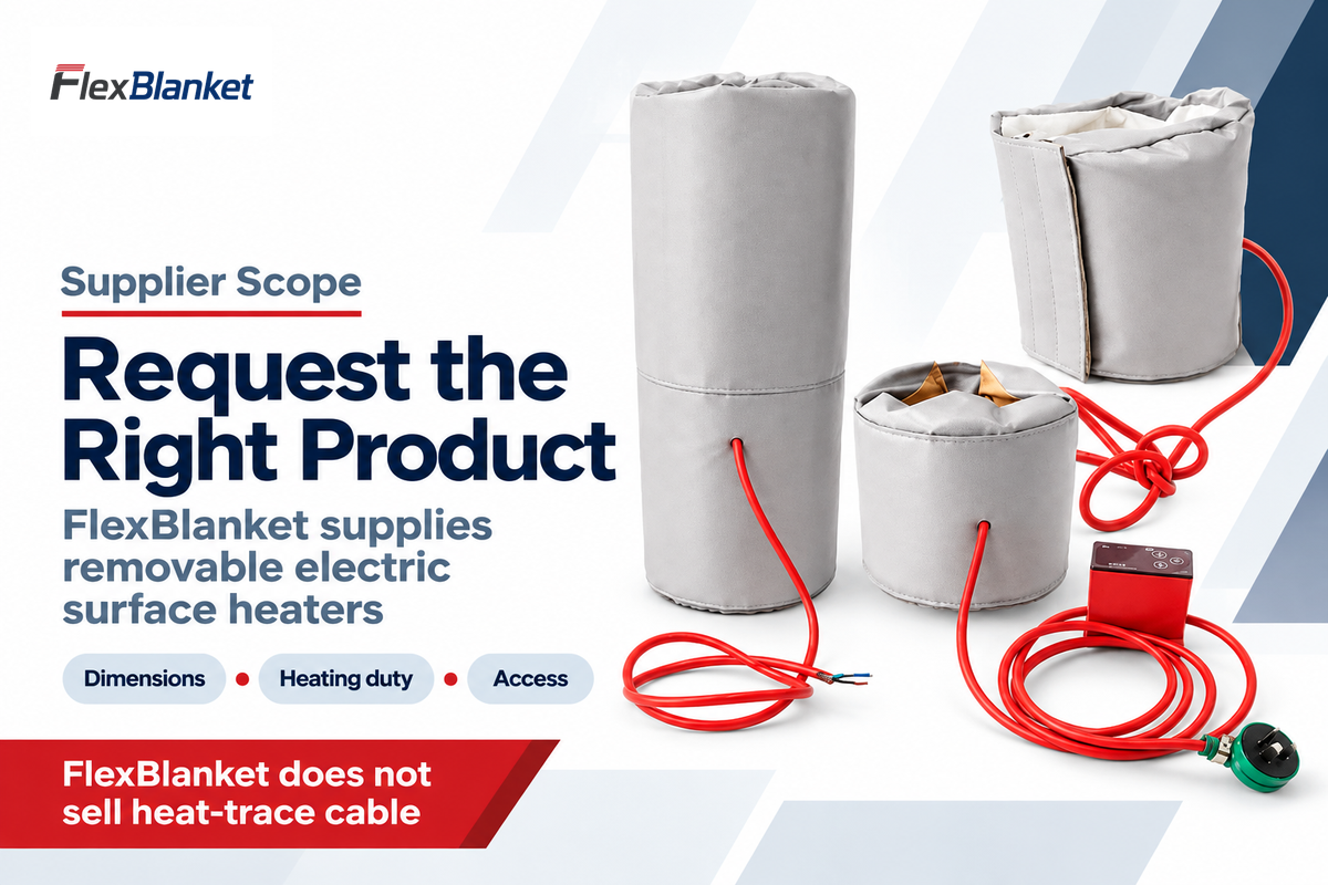 FlexBlanket supplies removable surface heaters and does not sell heat-trace cable; client product photo.