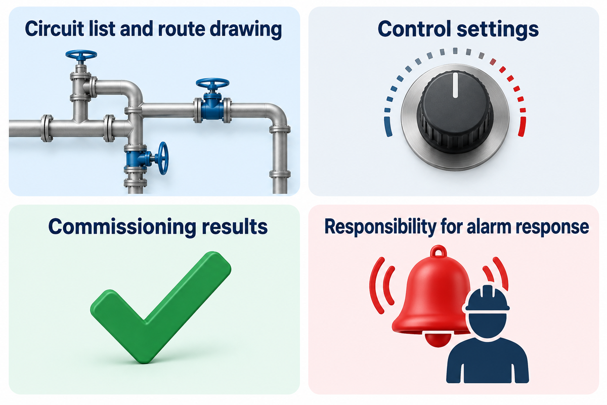 Handover links circuit drawings, settings, commissioning results and alarm responsibility; maintenance checklist.