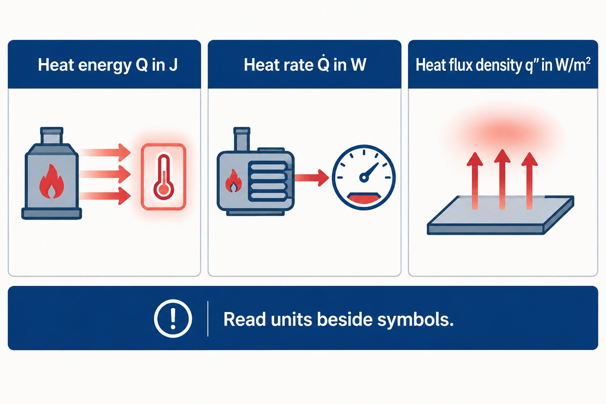 Diagram grouping heat transfer equations by output unit in joules, watts and watts per square meter