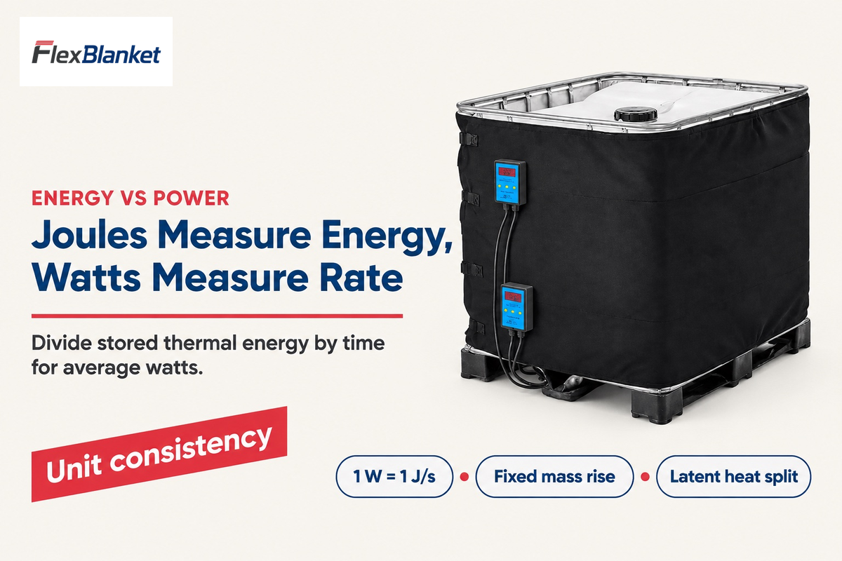 FlexBlanket IBC tote heating jacket illustrating thermal energy in joules versus heating power in watts