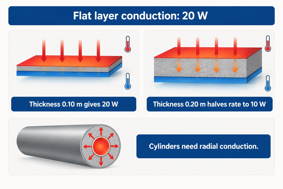 Fourier conduction diagram showing how doubling flat insulation thickness halves heat transfer from 20 W to 10 W