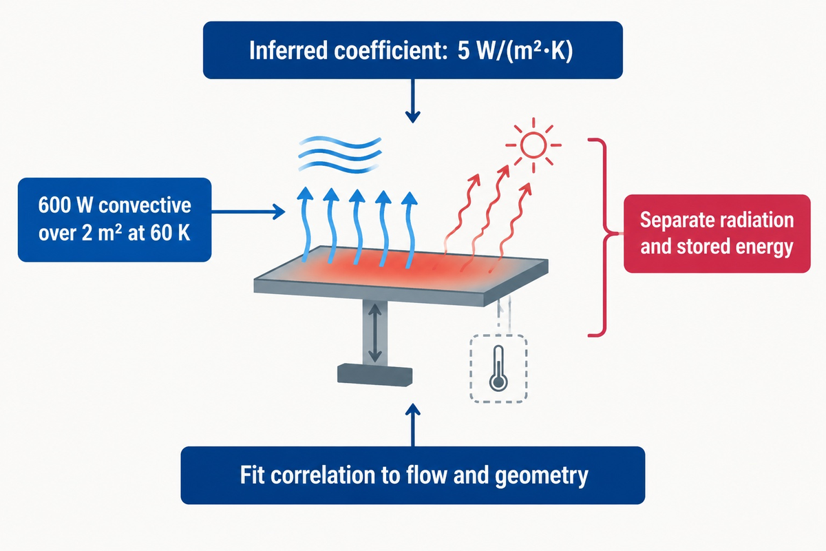 Convection schematic isolating 600 W convective transfer over 2 square meters to infer a 5 W per square meter kelvin coefficient