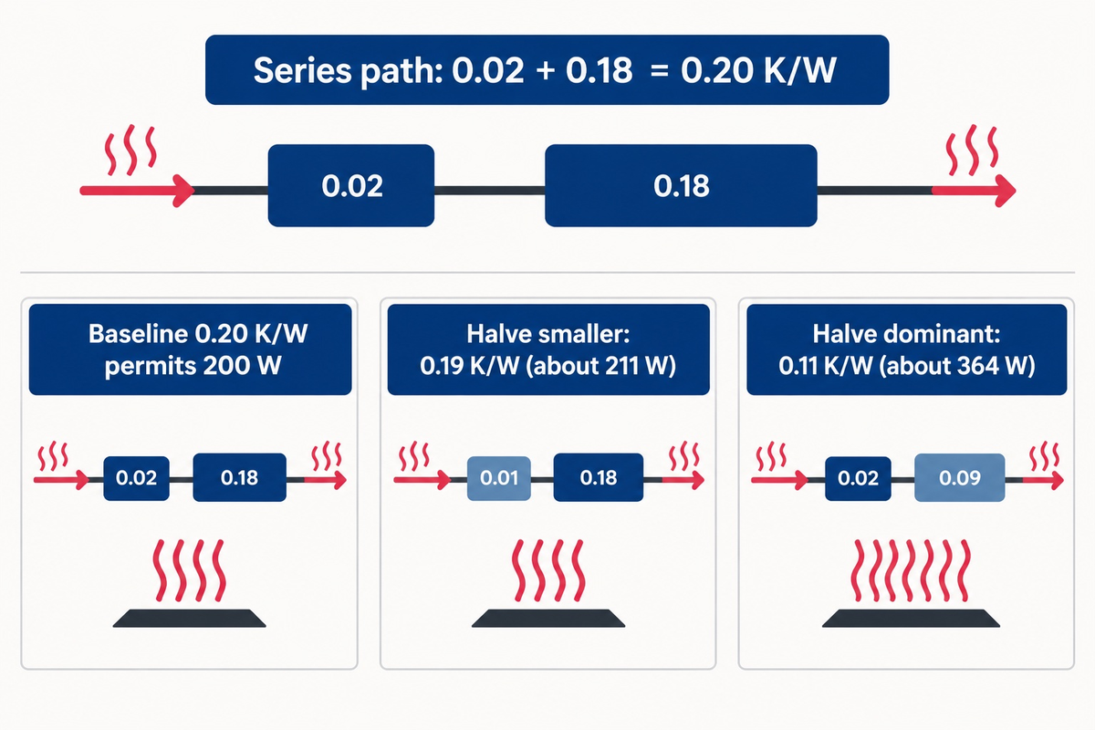 Series thermal resistance comparison showing 200 W baseline rising to about 364 W when the dominant barrier is halved