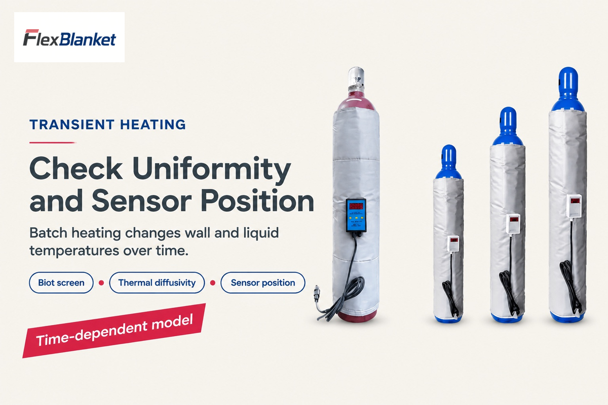 FlexBlanket gas cylinder heating jackets with digital controllers illustrate transient heating and sensor placement