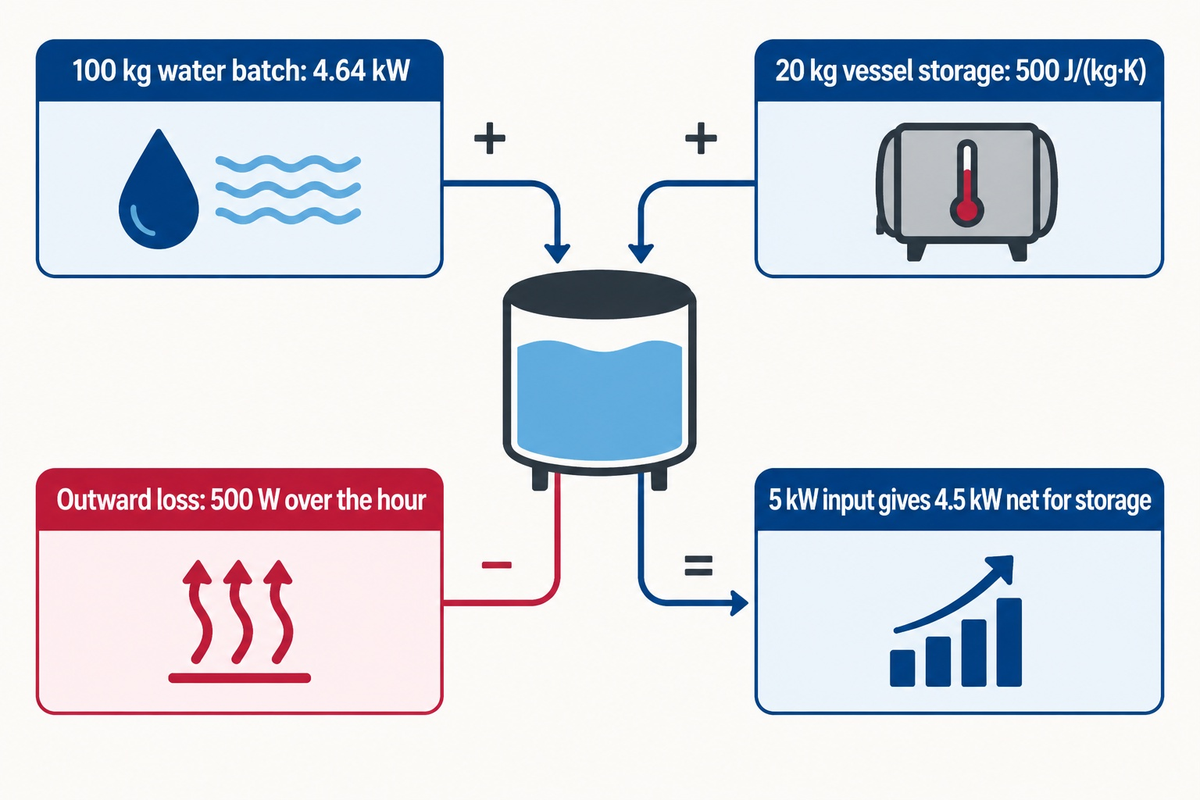 Water tank warm-up budget diagram combining 4.64 kW water storage, vessel heat capacity and 500 W heat loss