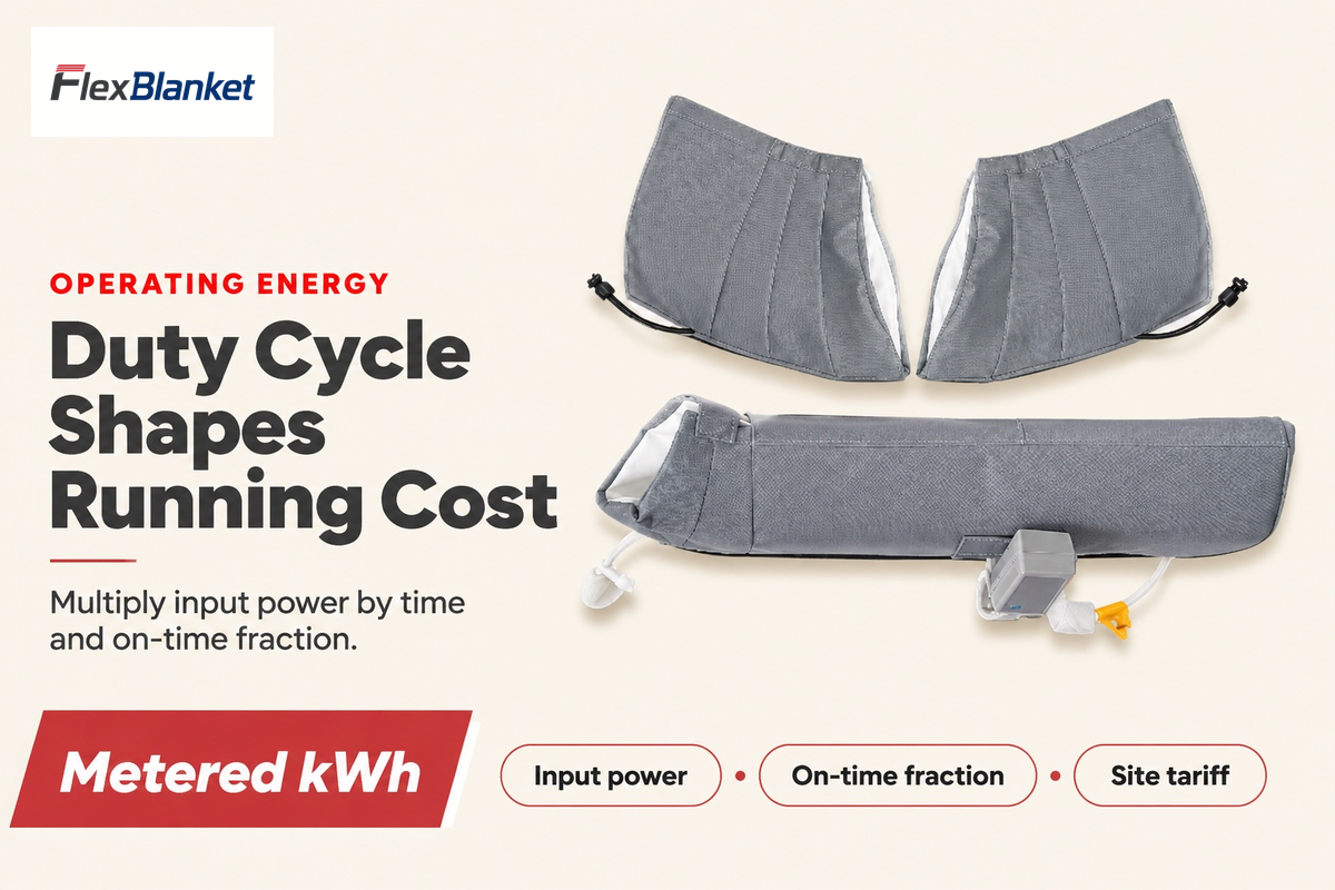 FlexBlanket insulated heating blankets with thermostat assembly illustrate duty-cycle energy control