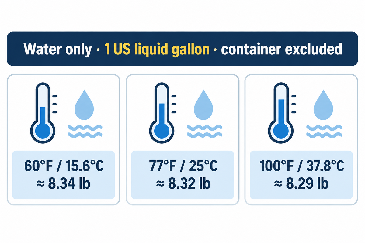 1 US gal water: 8.34 lb at 60 F, 8.32 lb at 77 F, 8.29 lb at 100 F; USGS and University of Georgia