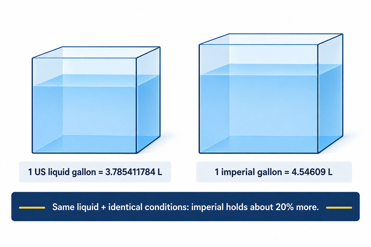 1 US gal = 3.785411784 L; 1 imperial gal = 4.54609 L, about 20% larger; NIST SP 811