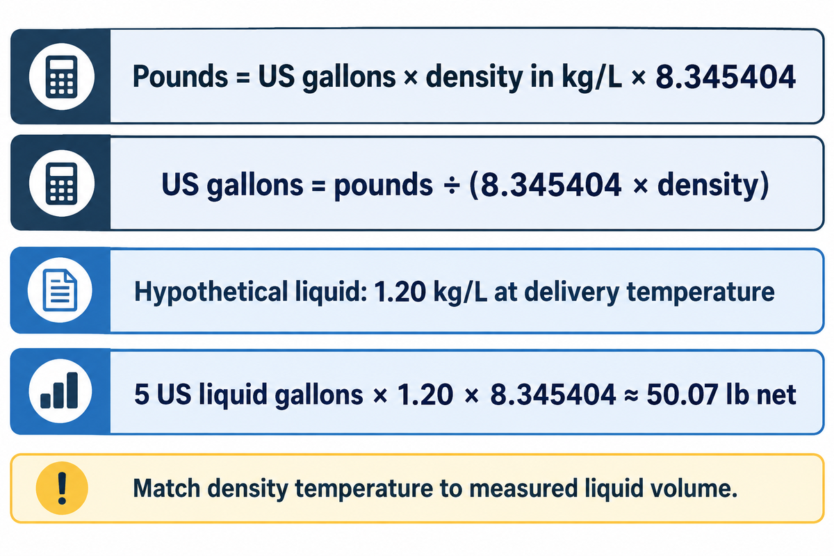 lb = US gal x density (kg/L) x 8.345404; hypothetical 5 gal at 1.20 kg/L = 50.07 lb; NIST units