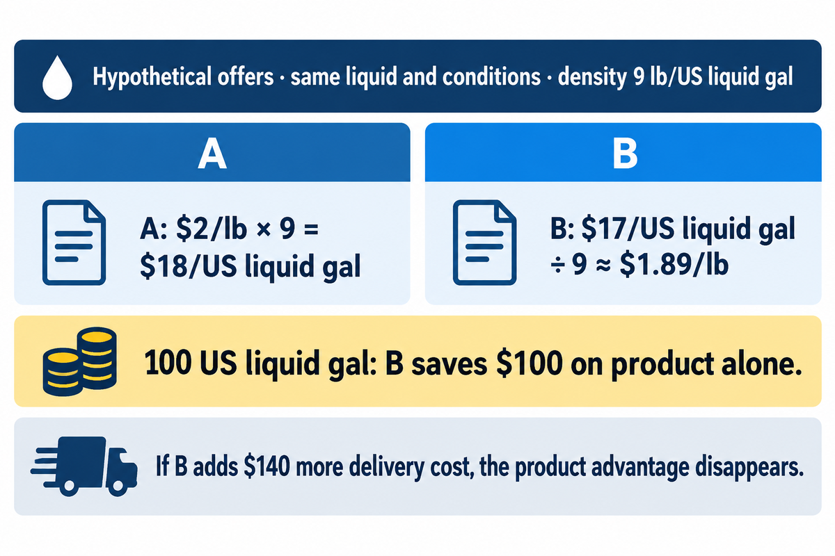 Hypothetical quotes at 9 lb/US gal: $2/lb = $18/gal; $17/gal saves $100 per 100 gal before delivery