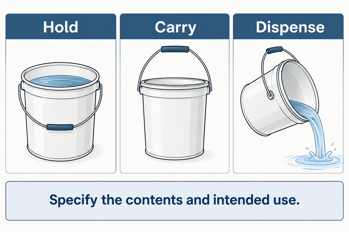 A pail can hold, carry or dispense; choose its specification for the intended contents.