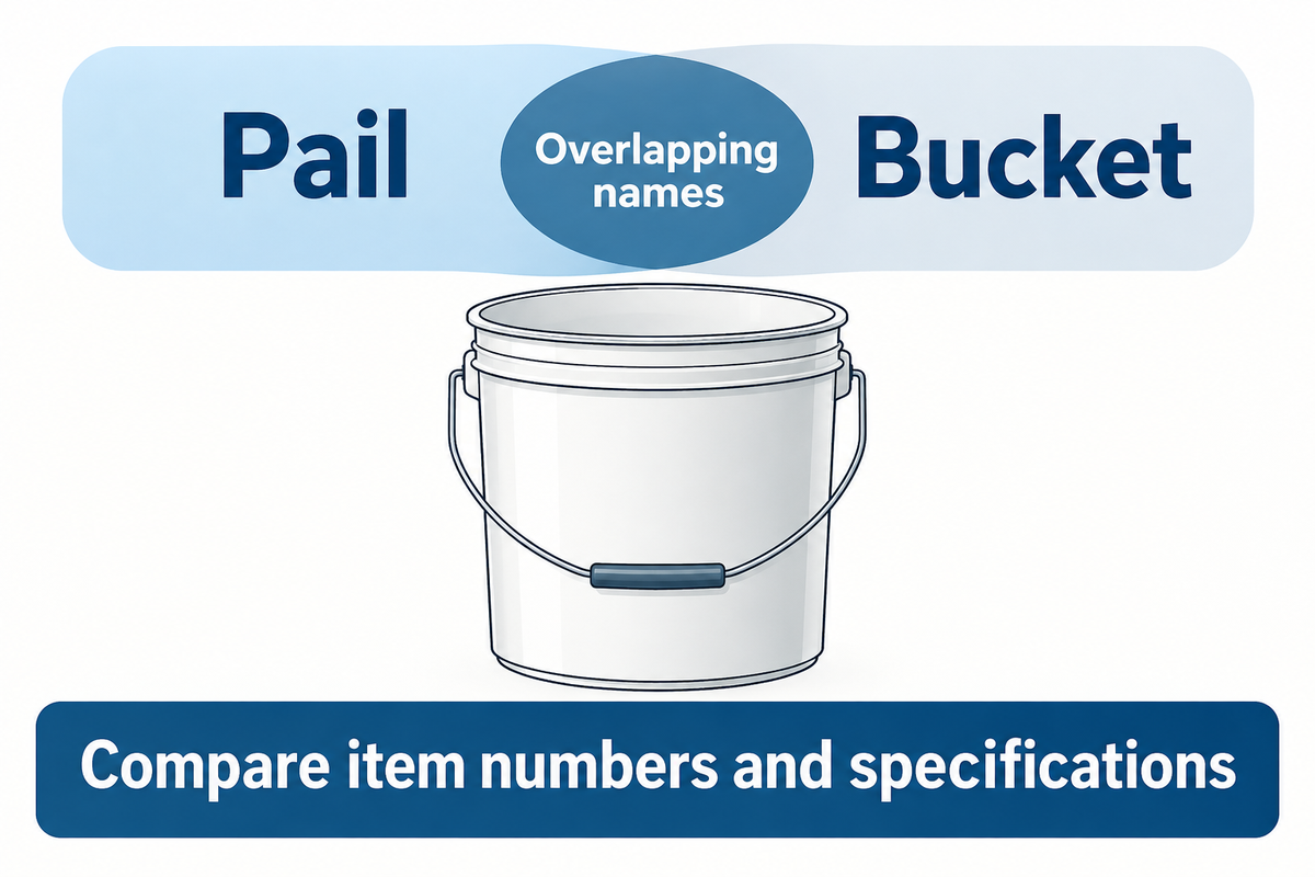 Pail and bucket overlap in meaning; item numbers and specifications distinguish the products.