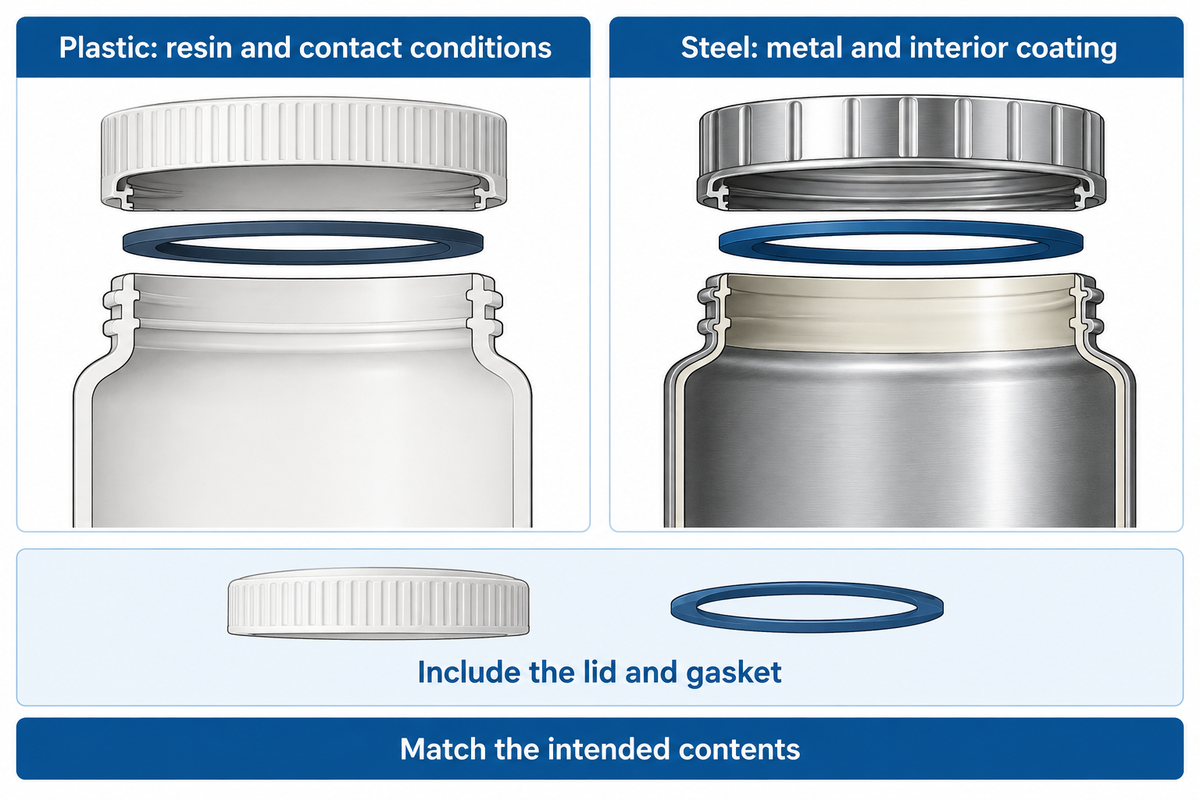 Check resin or metal, interior condition, lid and gasket against the contents; based on the article's cited sources.