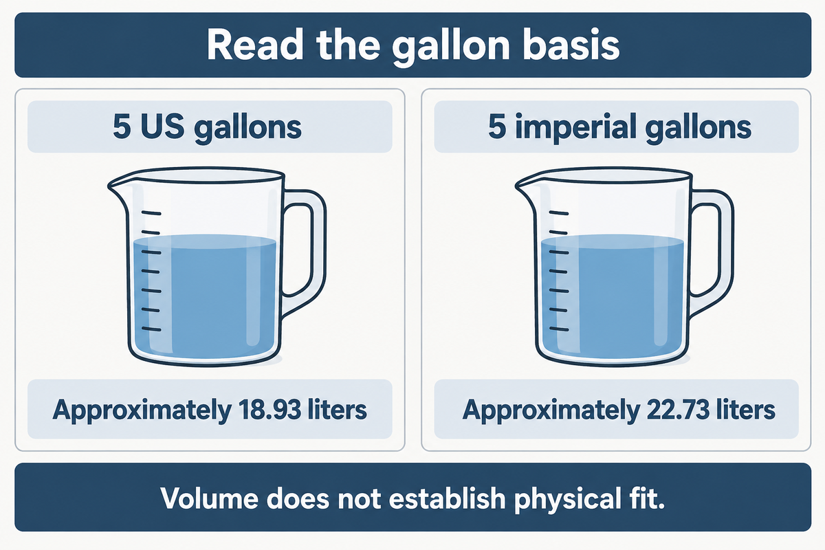 NIST factors give 18.93 liters for 5 US gallons and 22.73 liters for 5 imperial gallons.