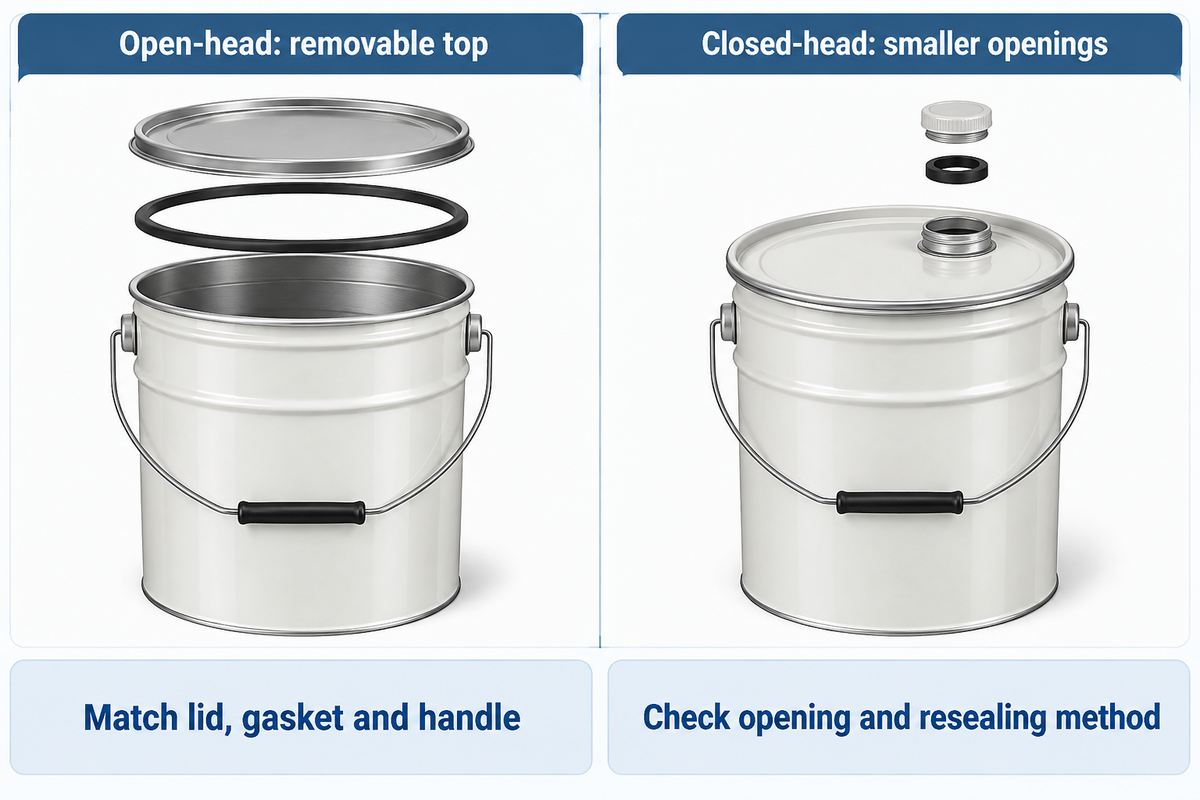 Open-head and closed-head designs provide different access; confirm matching closure and handling components.