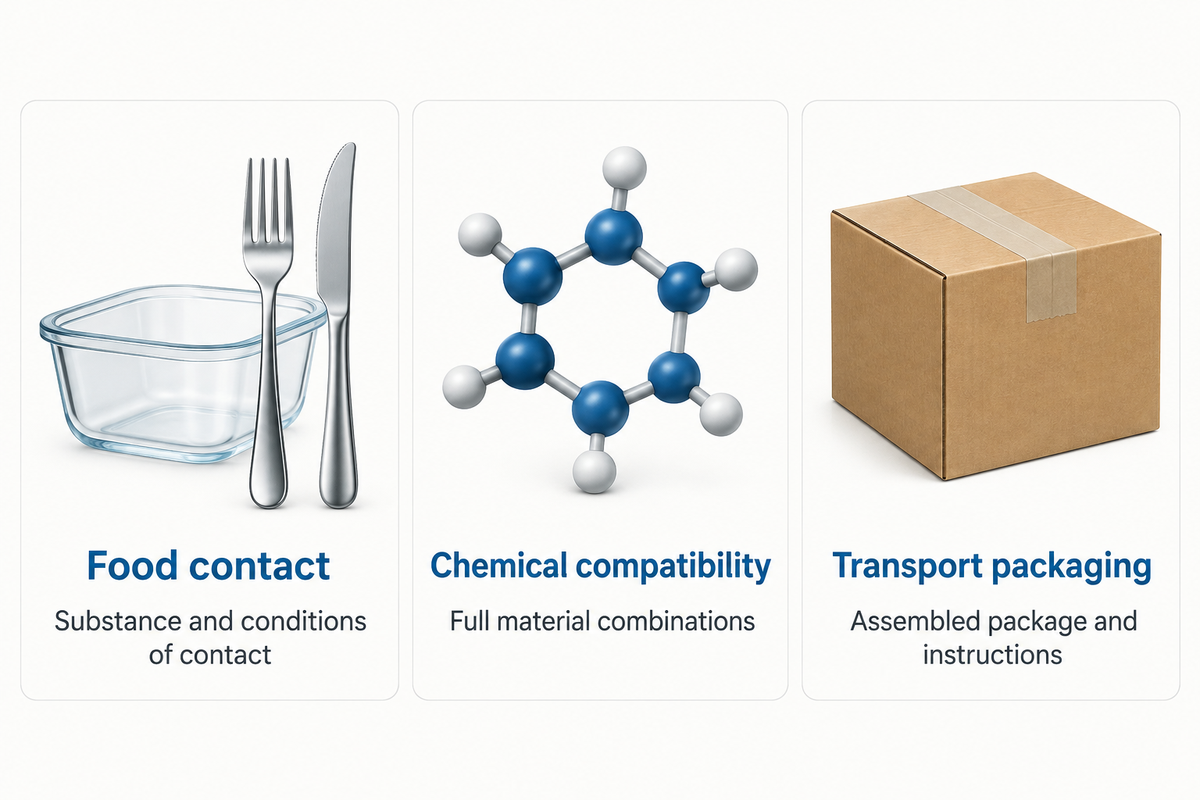 Food contact, chemical compatibility and transport qualification require separate checks.