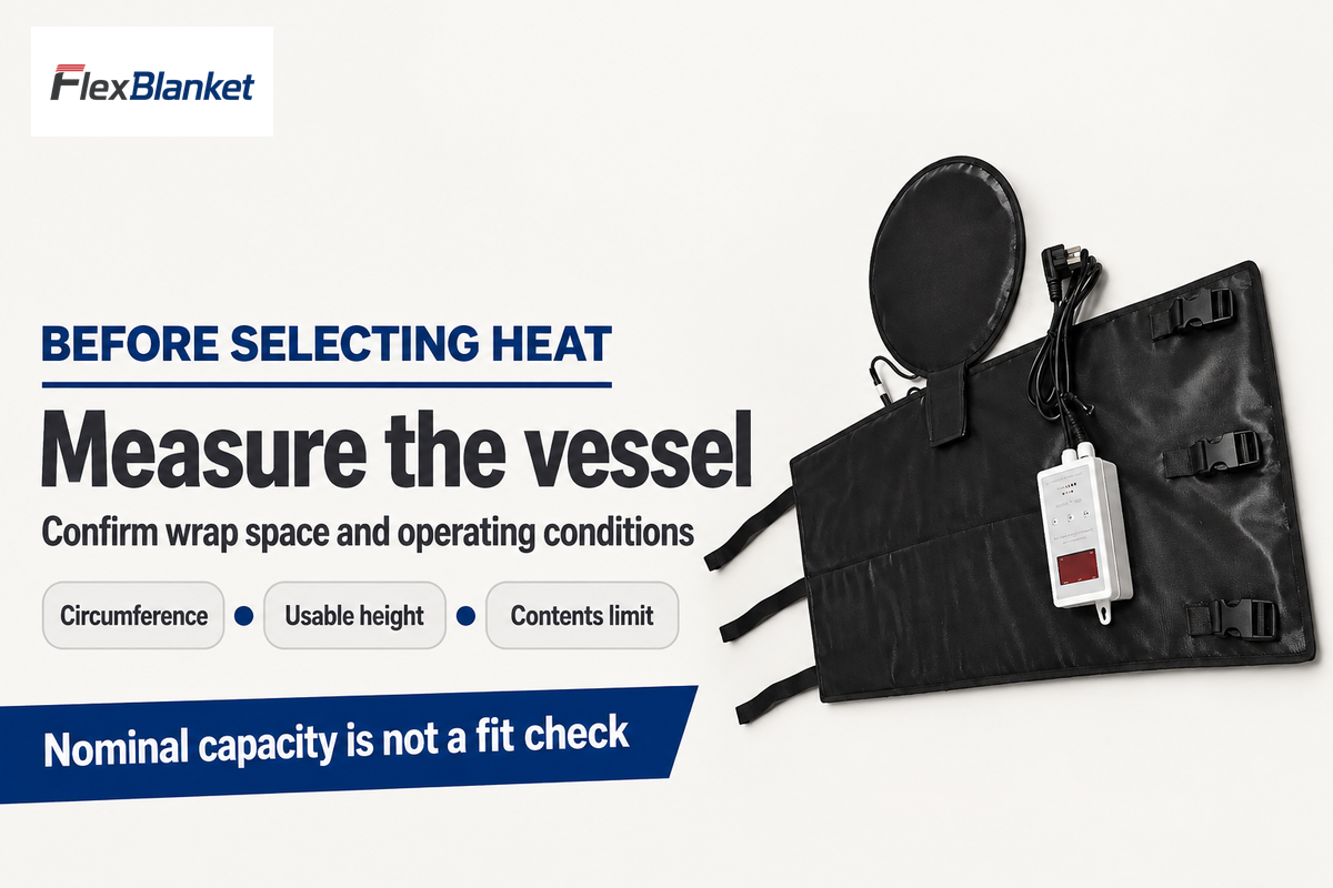 Measure usable wrap space and operating conditions before selecting a pail heater; FlexBlanket product photo.
