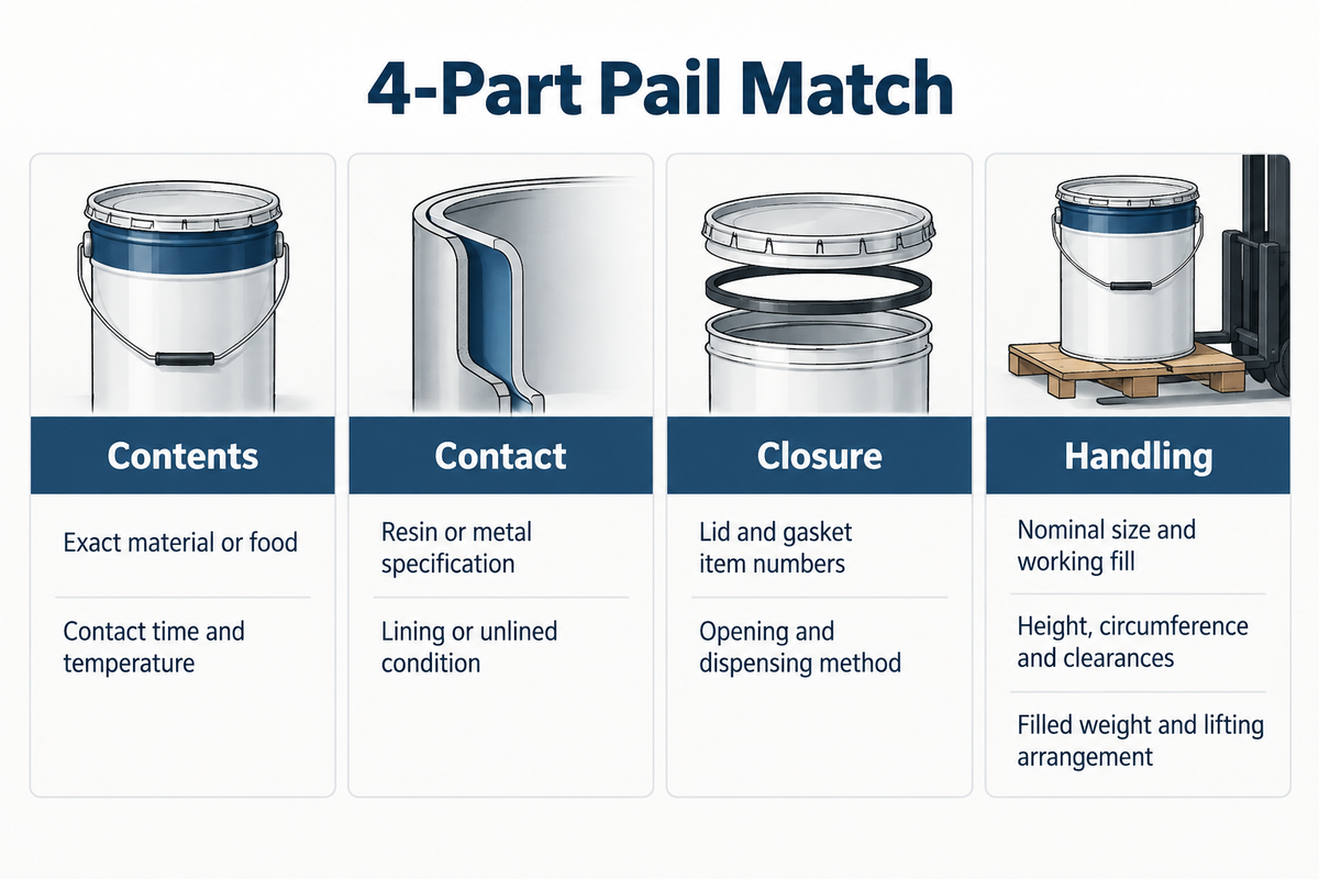 The 4-Part Pail Match groups nine specification inputs into contents, contact, closure and handling.