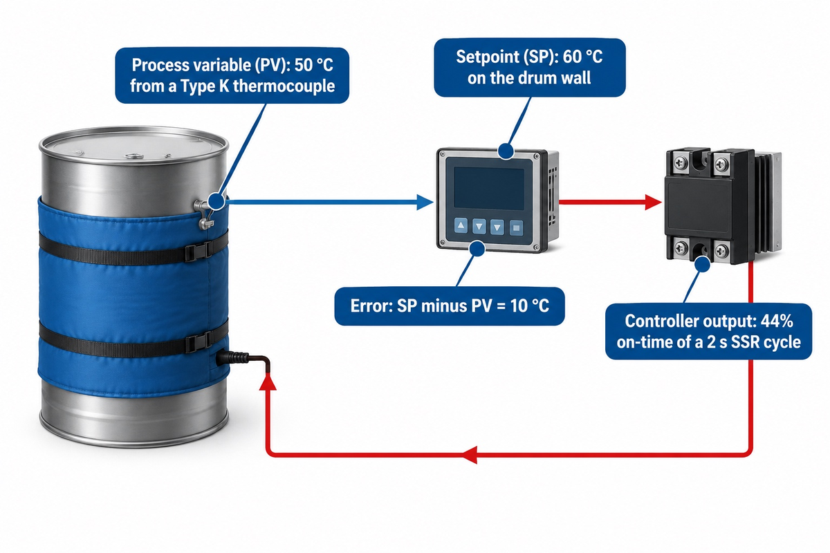 PID control loop on a heated drum: thermocouple, controller, SSR and heating blanket.
