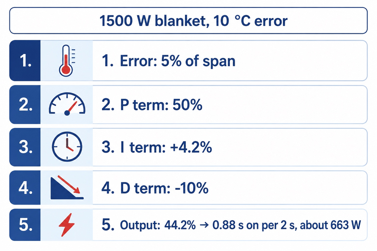 5-Line Error-to-Watts Worksheet: error, P, I, D and output for a 1500 W blanket.