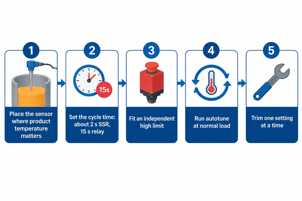 Five-step heater PID tuning order: sensor, cycle time, high limit, autotune, trim.