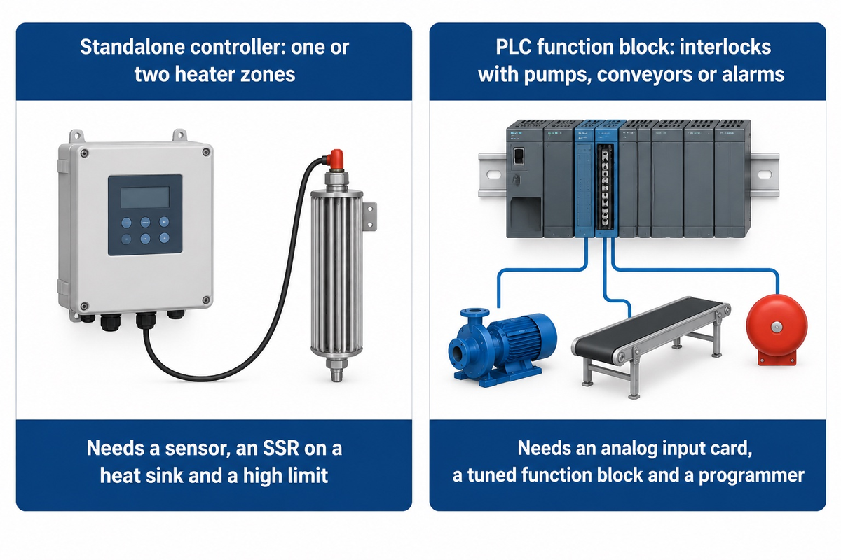 Standalone PID controller versus a PLC function block for heater control.