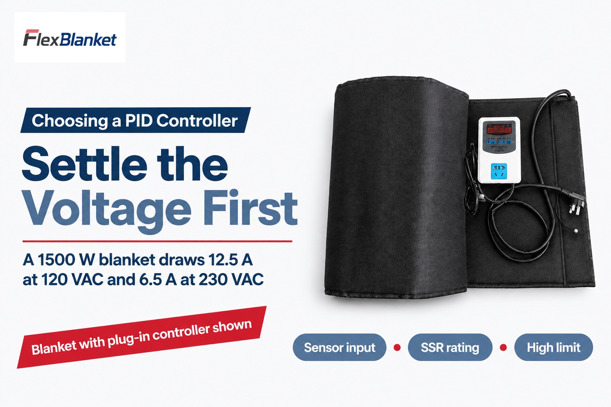 Heating blanket with a plug-in digital temperature controller; FlexBlanket product photo.