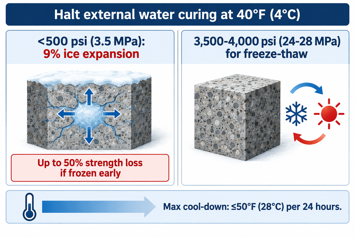 Why Must Contractors Stop Water Curing Concrete When Temperatures Approach 40°F?